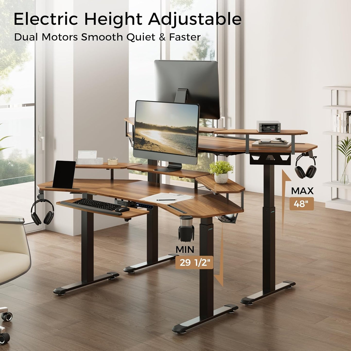 Standing Desk Adjustable Height, Computer Desk W Keyboard Tray 72" Gaming Music Studio Desk LED Monitor Stand,Dual Motor,Slot Design,Walnut