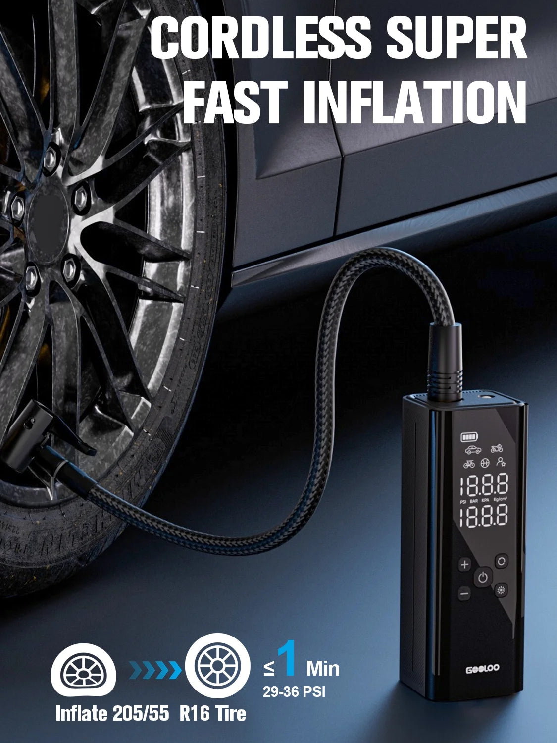 GT150 Portable Tire Inflator Car Air Compressor 150 PSI Air Pump with Pressure Gauge, 7500Mah Battery Tire Inflator W/ LED Light