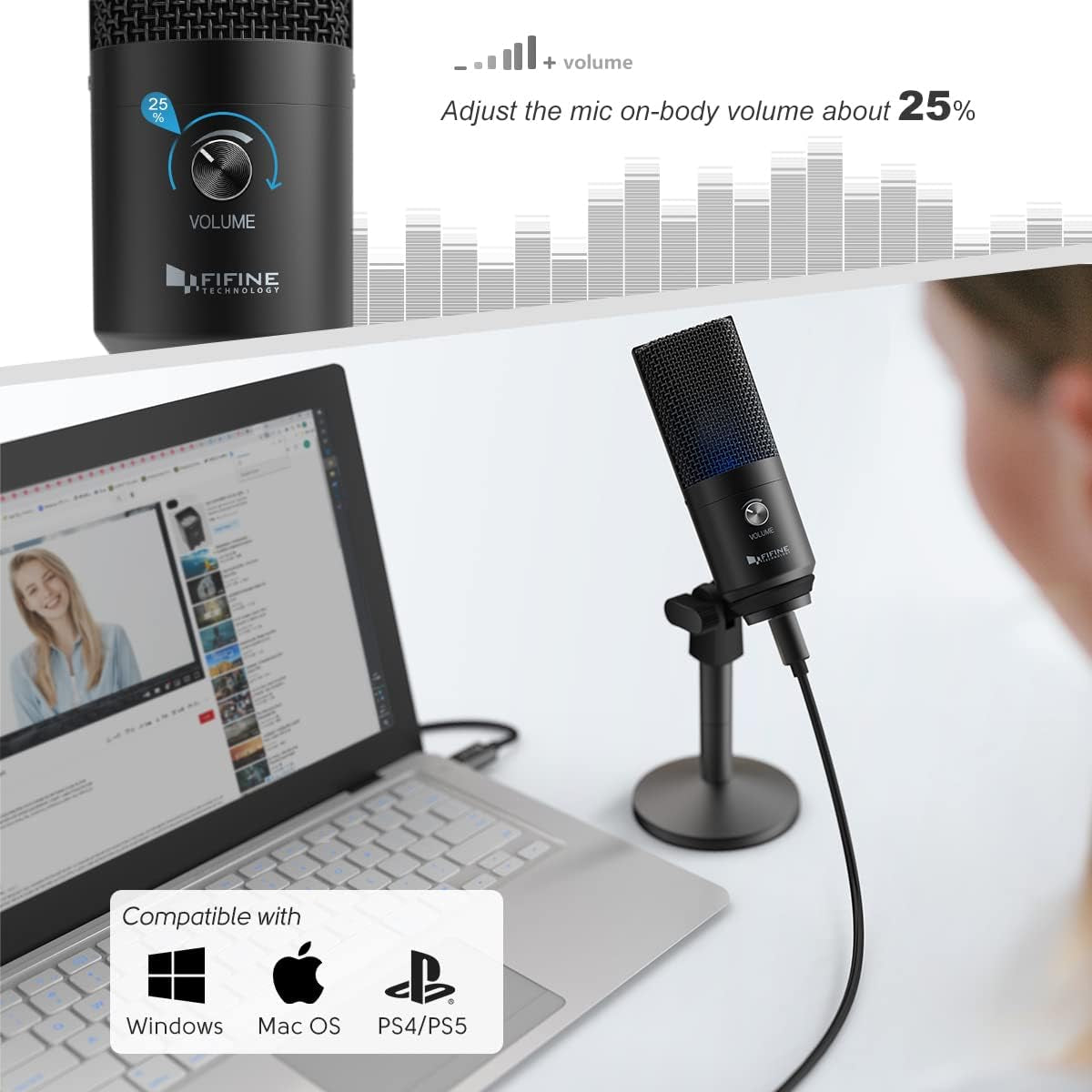 Fifine Podcast Microphone USB with Headphone Monitoring 3.5Mm Jack and Pluggable USB Connectivity Cable for Computer,Pc,Mac/Windows,Recording Voice Over, Streaming Twitch/Gaming/Youtube/Discord-K670B