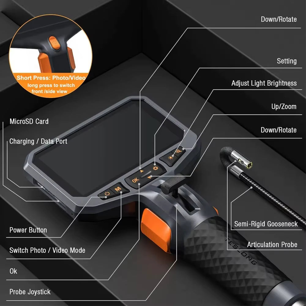 TD450S 8.5MM Dual Lens Articulating Borescope 1080P 5 Inch IPS Two Way 360° Steering Endoscope Camera 1.55M Snake Tube
