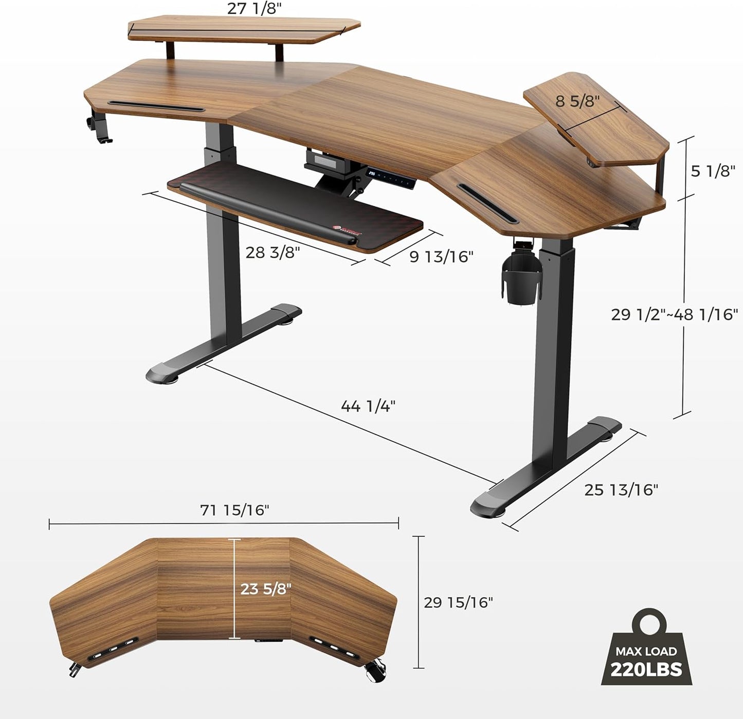 Standing Desk Adjustable Height, Computer Desk W Keyboard Tray 72" Gaming Music Studio Desk LED Monitor Stand,Dual Motor,Slot Design,Walnut