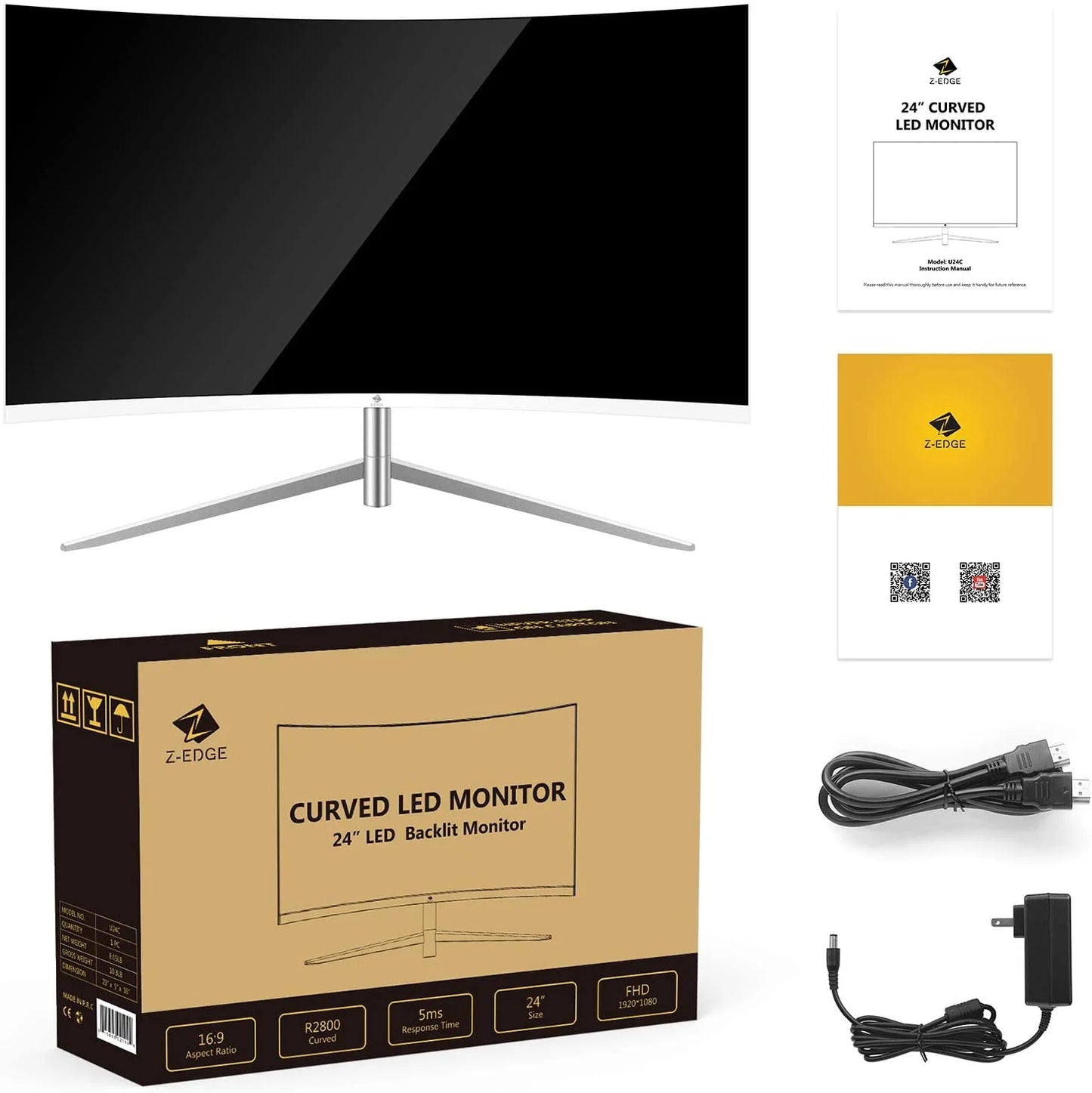 U24C 24-Inch Curved Monitor Full HD LED Monitor 1920X1080 75Hz 5Ms VGA+HDMI Port