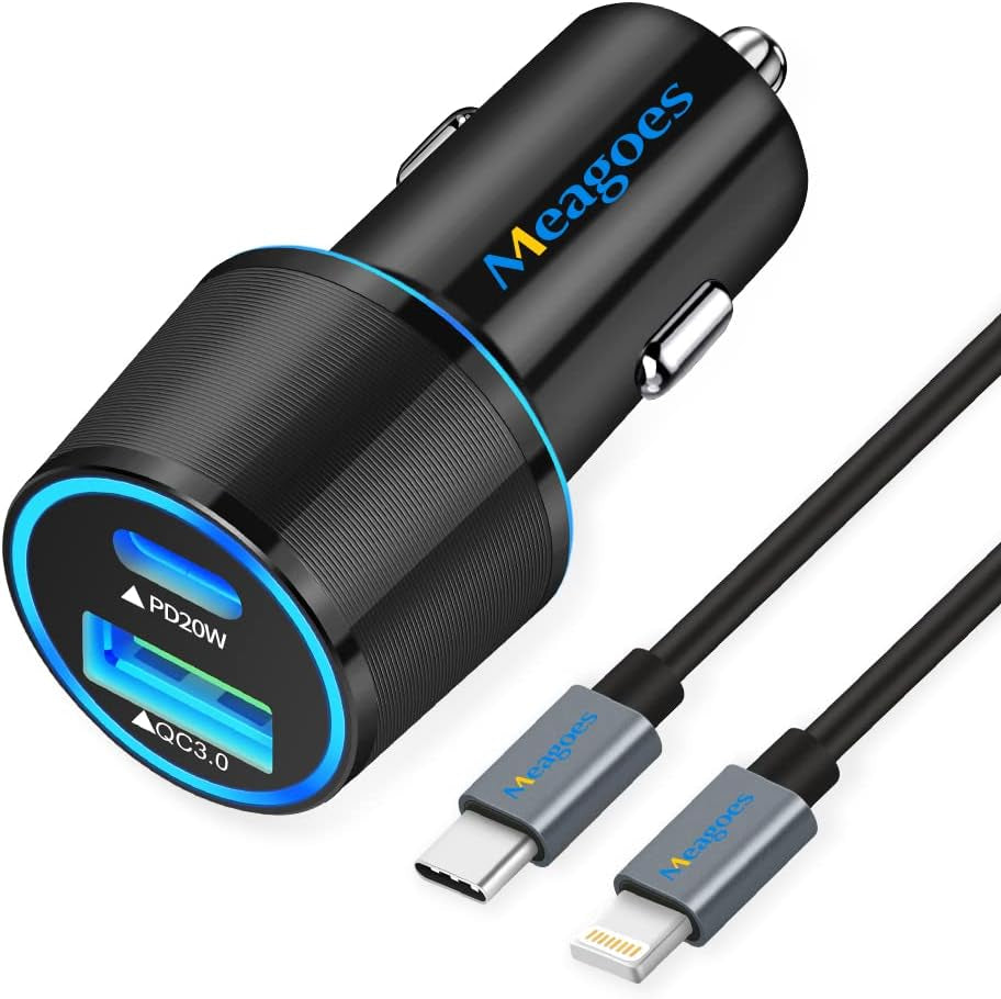 Fast USB C Car Charger, 20W PD Rapid Charging Adapter Compatible for Apple Iphone 14 Pro Max/14 Pro/14 Plus/14/13/12/Mini/11/Xs/Xr/X/8 Plus/Se 3-3.3Ft Mfi Certified Type C to Lightning Cable