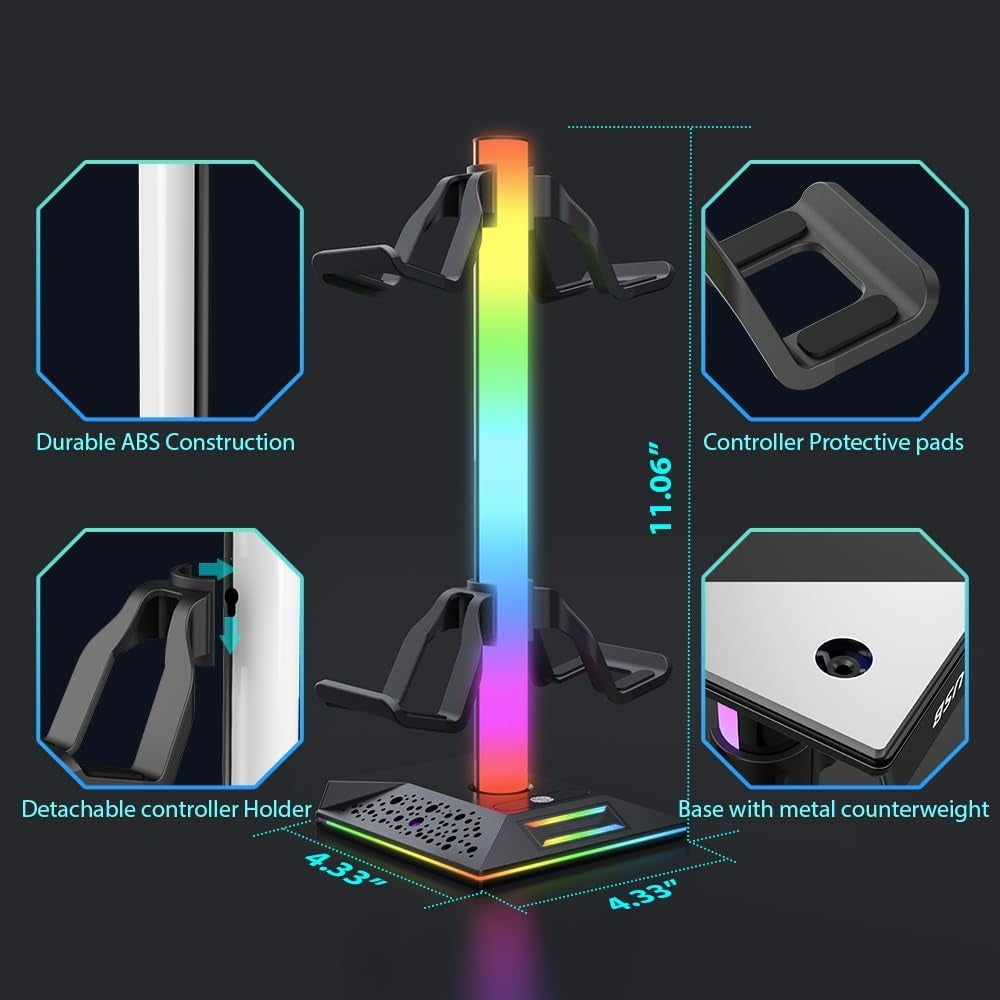 RGB Gaming Headphones Stand, 1 Pack Controller Stand USB Ports Headset Stand with 10 Light Modes and Non-Slip Rubber, Suitable for All Earphone Accessories, Gift for Husband, Kids, Boyfriend