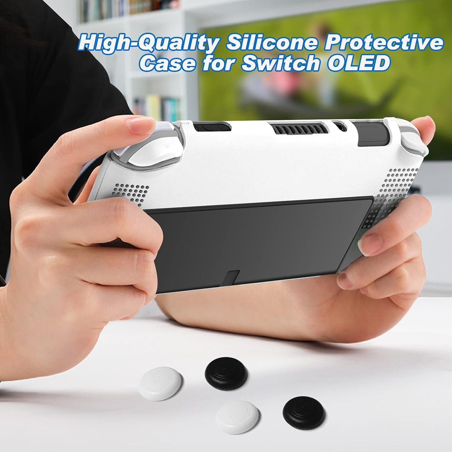 Case for Switch OLED 2021, Ultra-Slim Protective Case for Switch OLED with 4 Silicone Thumb Grip Caps, Soft Shockproof Anti-Scratch Protector Shell Full Protection Silicone Case for Switch OLED -White