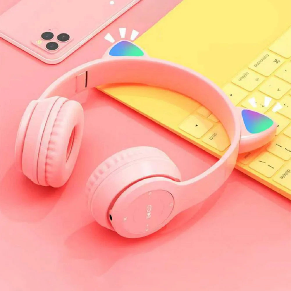 Cat Ear Gaming Headset Wireless Headphones Stereo Bass Bluetooth-Compatible Helmets Cute Over-Ear Headsets for Kids and Adult