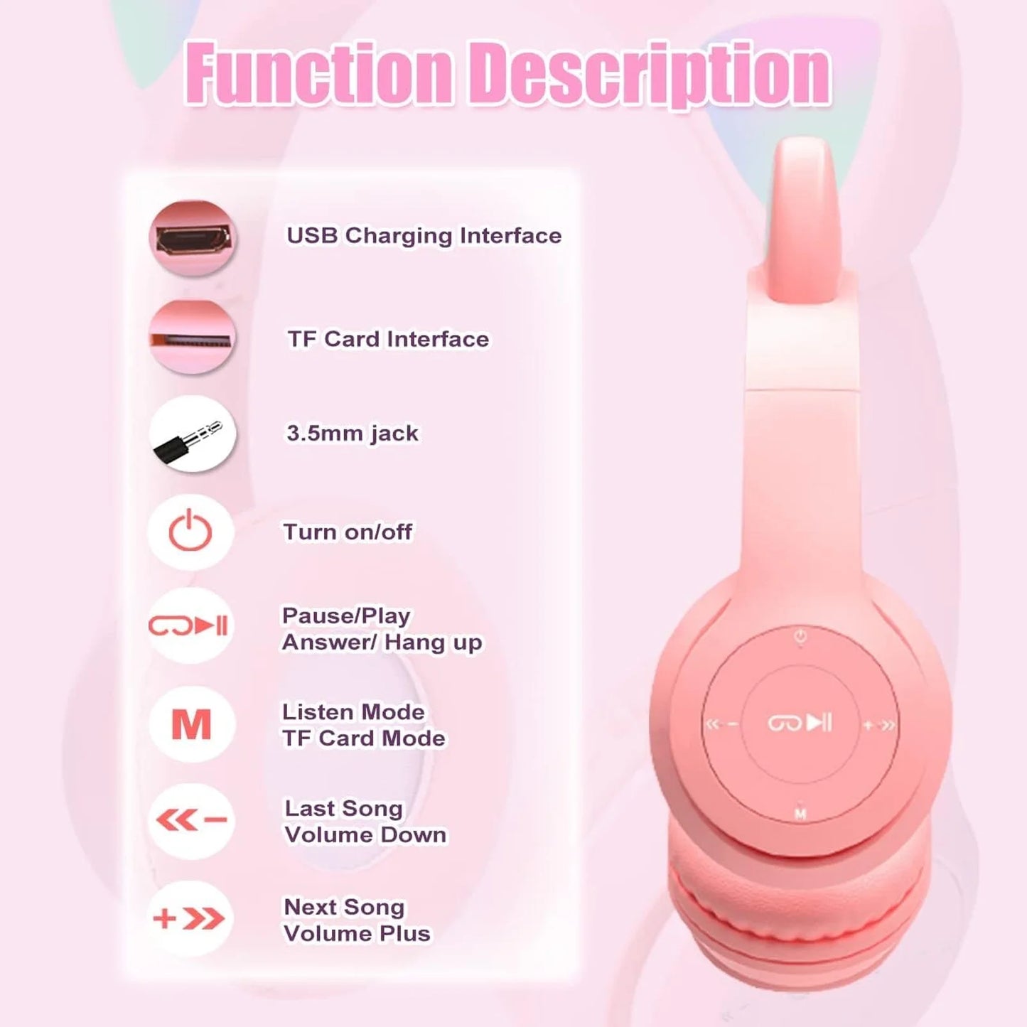 Kids Headphones, Cat Ear Wireless Headphones, LED Light up Bluetooth over on Ear Purple Headphones for Toddler Boy Girl Teen Children with Microphone,Pink