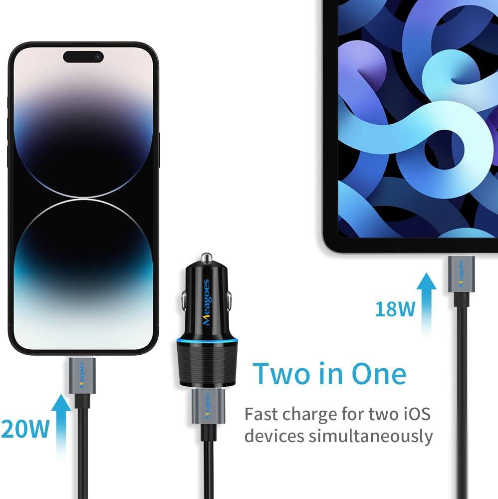 Fast USB C Car Charger, 20W PD Rapid Charging Adapter Compatible for Apple Iphone 14 Pro Max/14 Pro/14 Plus/14/13/12/Mini/11/Xs/Xr/X/8 Plus/Se 3-3.3Ft Mfi Certified Type C to Lightning Cable