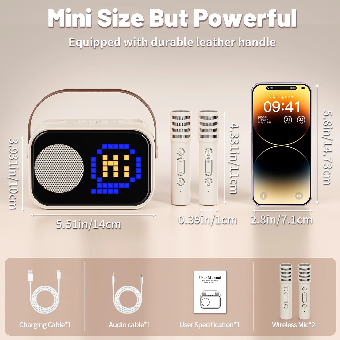 Karaoke Machine, Mini Karaoke Machine for Adult, 15 Animation Display Modes, 4 Funny Magic Voice, Beige