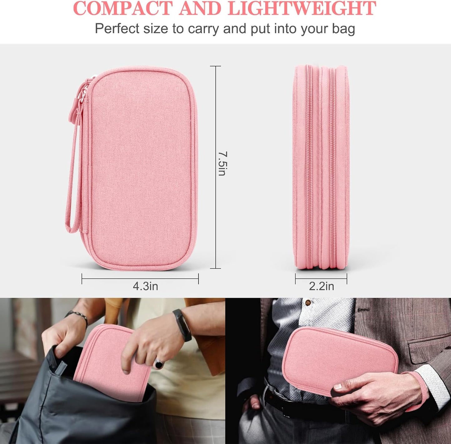 Electronic Organizer, Travel Bag, Pouch, Carry Case Portable Waterproof Double Layers for Cable, Cord, Charger, Phone, Earphone Pink