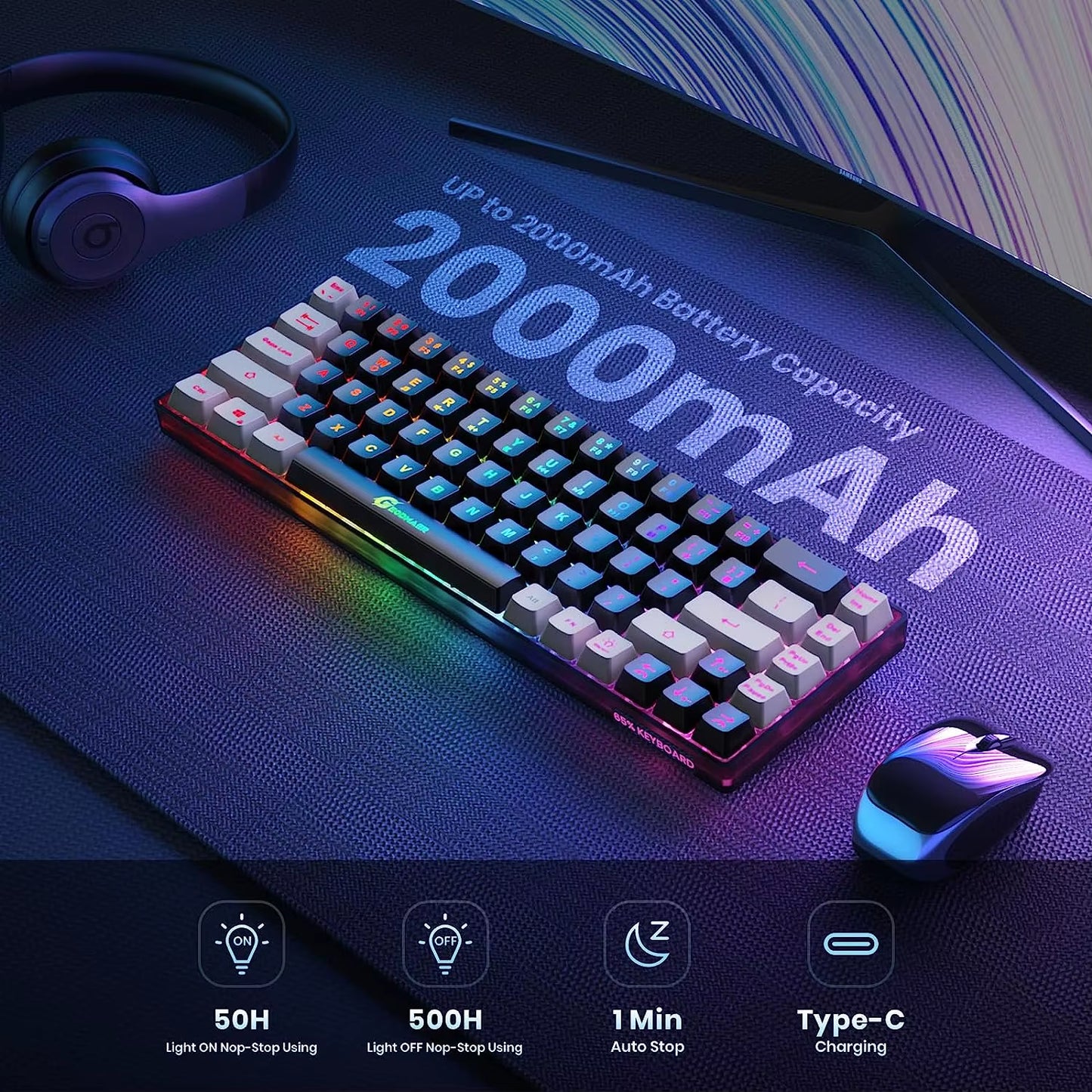 Wireless Gaming Keyboard Rechargeable Backlit Gaming Keyboard 68 Keys English/Spanish Layout 2.4G Keyboard for PC