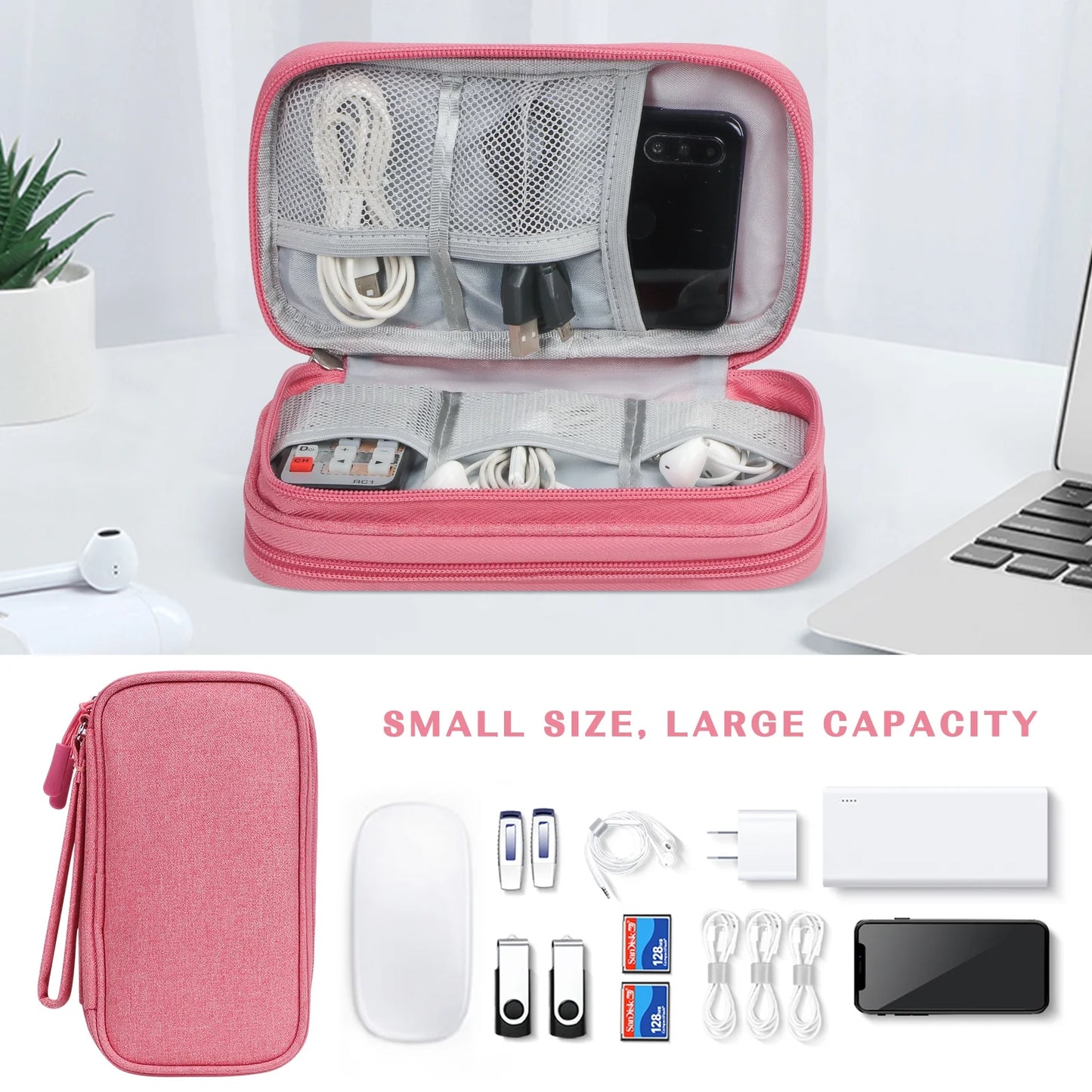 Cable Organizer Pouch, Electronic Organizer Travel Case Portable Waterproof Double Layers All-In-One Storage Bag for Cord, Charger, Phone, Earphone-Pink