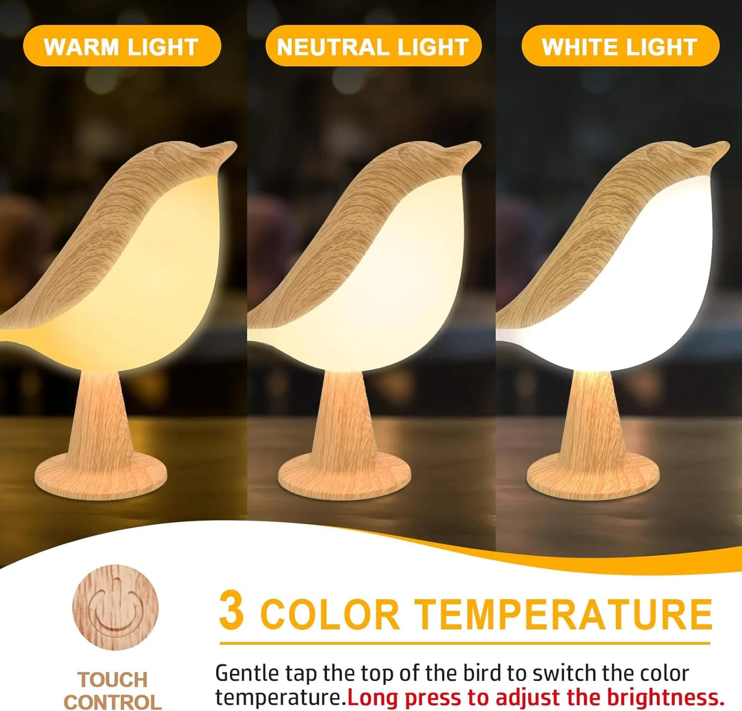 Table Lamp, Touch Control Bird Lamps, Bedside Lamp, Brid Night Light, Cordless Small Desk Lamps Battery Operated Nightstand Lamp, 3-Way Dimmable Light, Rechargeable Decorative Desk Lamp
