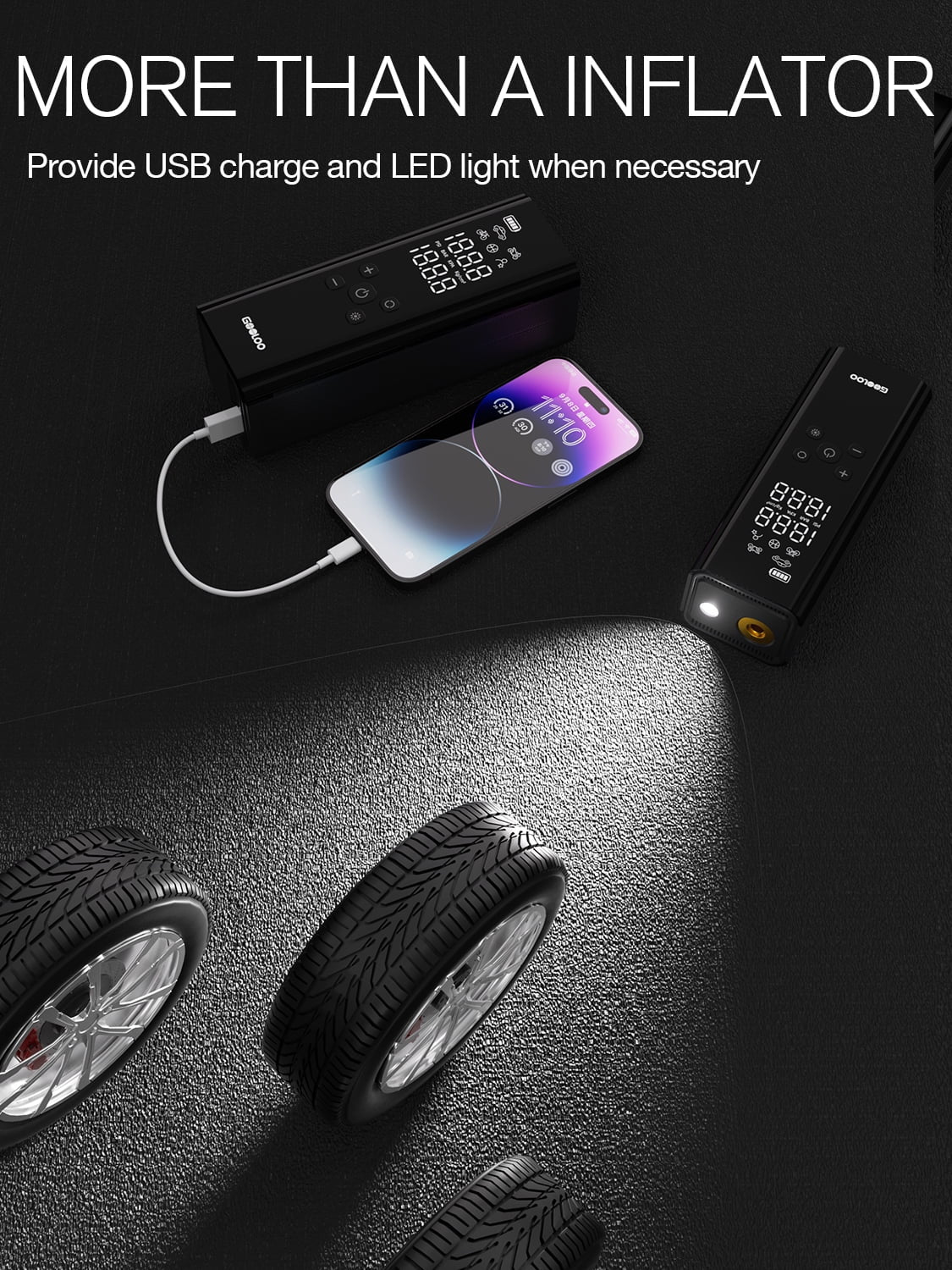 GT150 Portable Tire Inflator Car Air Compressor 150 PSI Air Pump with Pressure Gauge, 7500Mah Battery Tire Inflator W/ LED Light
