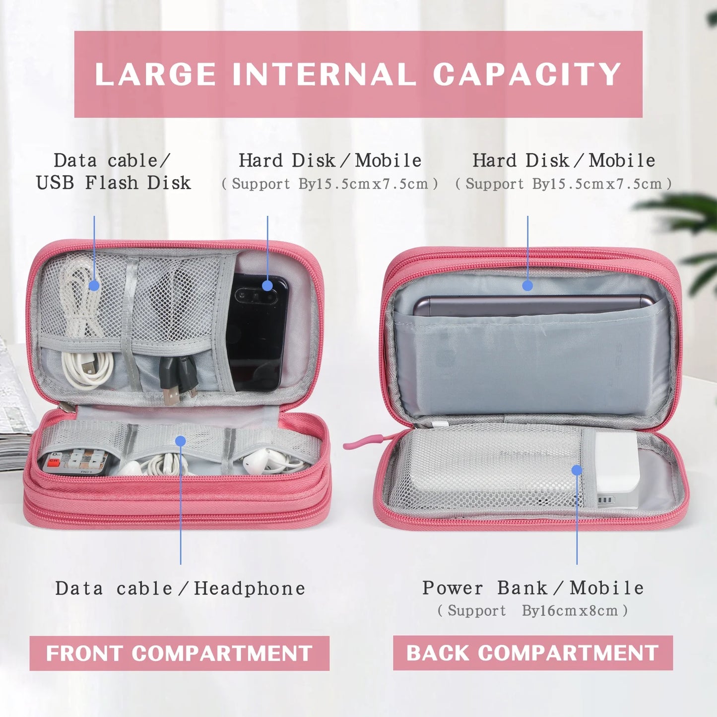 Cable Organizer Pouch, Electronic Organizer Travel Case Portable Waterproof Double Layers All-In-One Storage Bag for Cord, Charger, Phone, Earphone-Pink