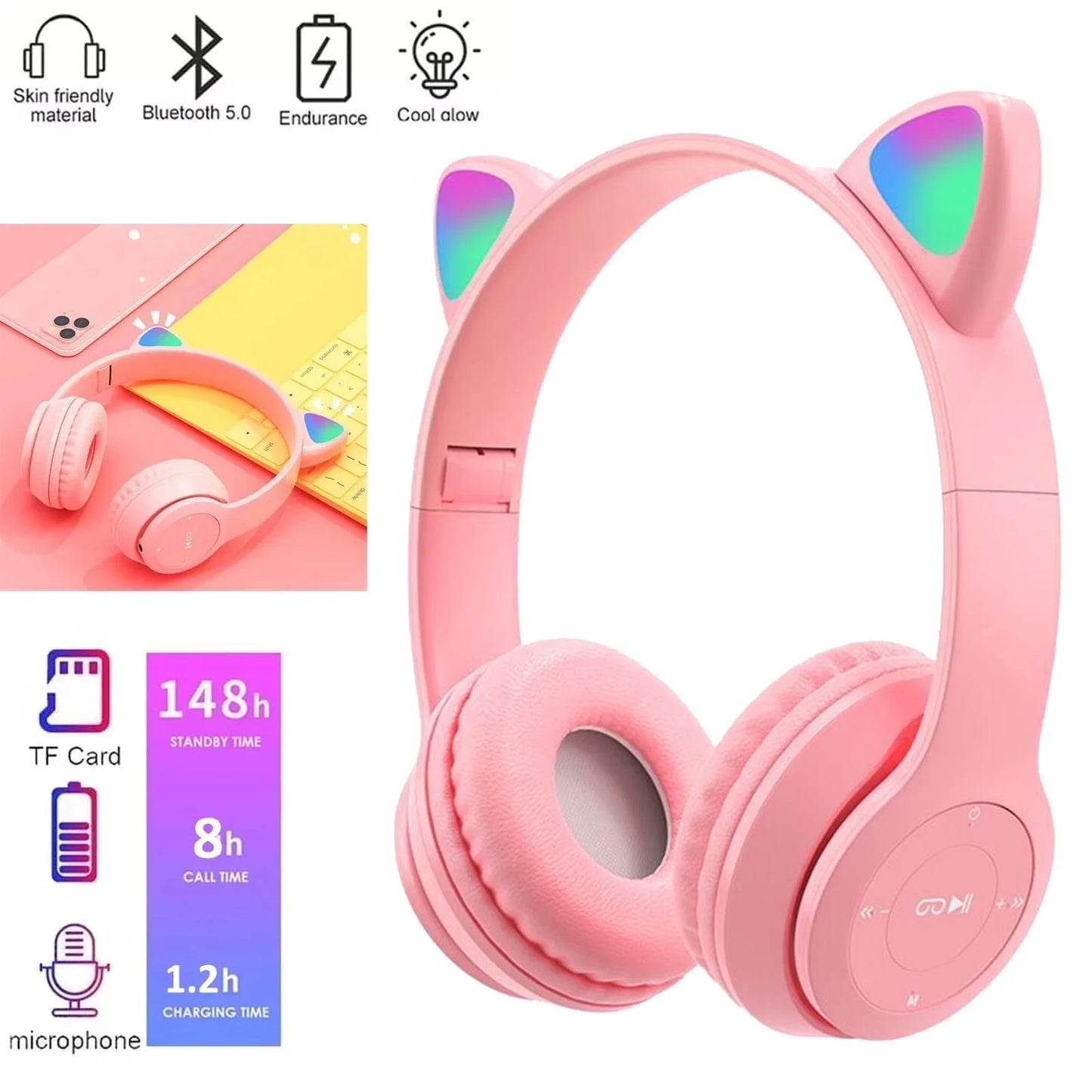 Kids Headphones, Cat Ear Wireless Headphones, LED Light up Bluetooth over on Ear Purple Headphones for Toddler Boy Girl Teen Children with Microphone,Pink