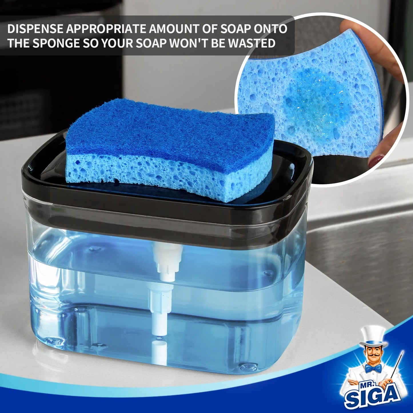 2 in 1 Premium Dish Soap Dispenser and Sponge Holder for Kitchen, Dishwashing Soap Pump Dispenser for Kitchen Countertop, Black