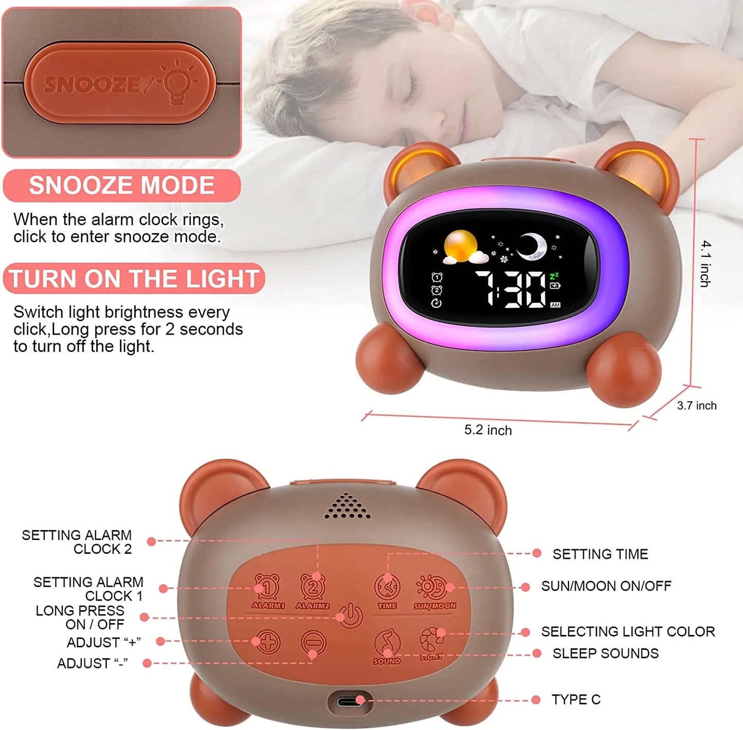 Alarm Clock for Kids, Ok to Wake Clock, Sleep Training Digital Clock with 5 Night Light