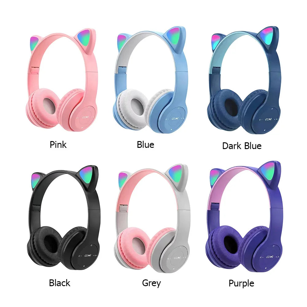 Cat Ear Gaming Headset Wireless Headphones Stereo Bass Bluetooth-Compatible Helmets Cute Over-Ear Headsets for Kids and Adult