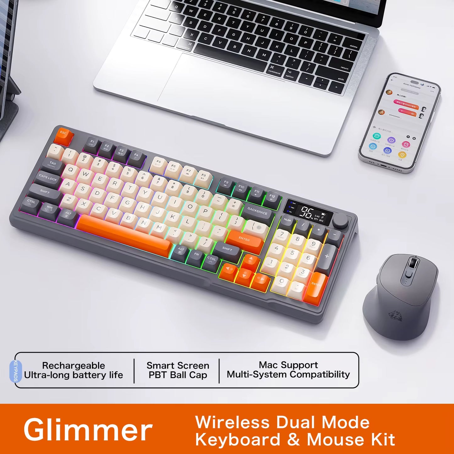 M96 Wireless Keyboard with Screen,Gaming Keyboard Bluetooth Dual-Mode Connection,Multi-Device Linking,Ergonomic