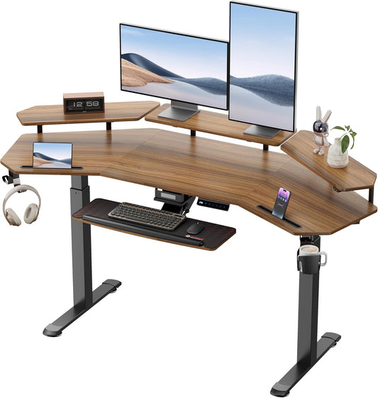 Standing Desk Adjustable Height, Computer Desk W Keyboard Tray 72" Gaming Music Studio Desk LED Monitor Stand,Dual Motor,Slot Design,Walnut