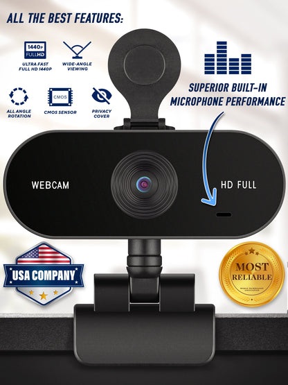 1440P Webcam Full HD Web Camera W/ Privacy Cover & Built-In Microphone, 15Fps, USB 2.0, 75° View Streaming Cam by -Usa