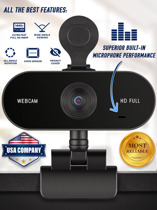 1440P Webcam Full HD Web Camera W/ Privacy Cover & Built-In Microphone, 15Fps, USB 2.0, 75° View Streaming Cam by -Usa