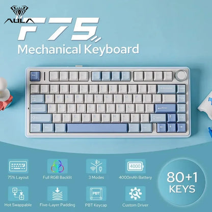 Gaming Mechanical Keyboard AULA F75 2.4G Wireless/Bluetooth/Wired RGB Customized 75% Layout Gasket Structure Gaming Accessories