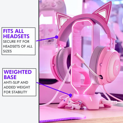 Cute Headphone Stand Pink | Headset Stand with RGB, Mouse Bungee Holder, and 2 Port USB Hub Charger - Desk Gaming Accessories