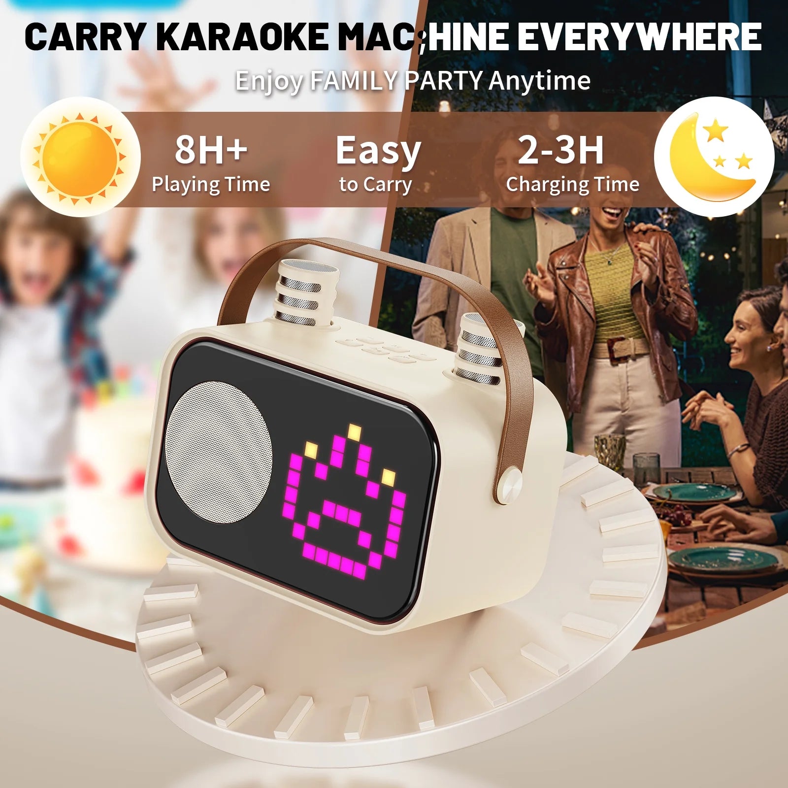 Karaoke Machine, Mini Karaoke Machine for Adult, 15 Animation Display Modes, 4 Funny Magic Voice, Beige