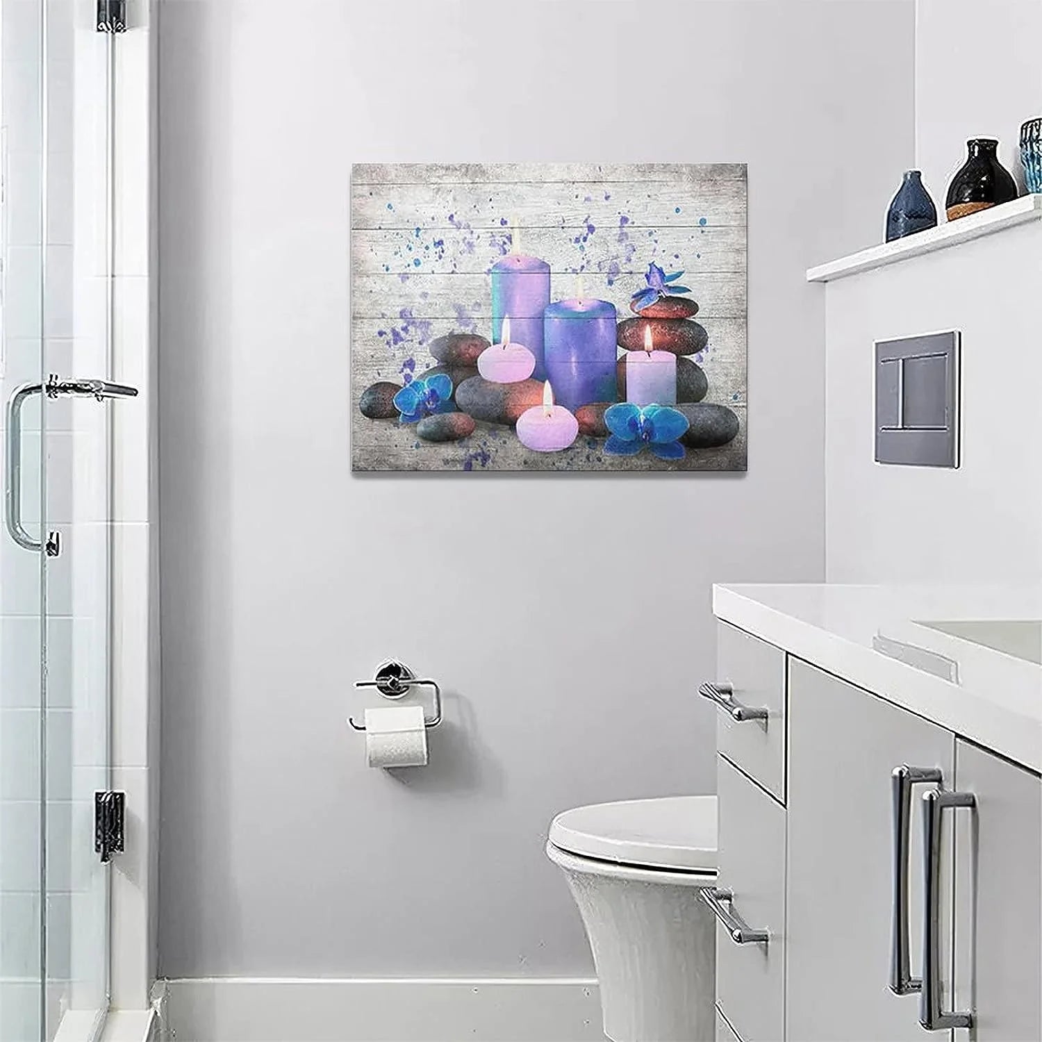 Farmhouse Bathroom Wall Decor Zen Stone Bathroom Pictures for Wall Rustic Purple Bathroom Canvas Wall Art Spiritual Meditation Painting Country Prints Modern Framed Home Spa Decoration 16"X12"