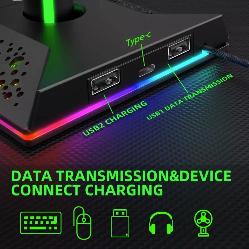 RGB Gaming Headphones Stand,  1 Pack Controller Stand USB Ports Headset Stand with 10 Light Modes and Non-Slip Rubber, Suitable for All Earphone Accessories, Gift for Husband, Kids, Boyfriend