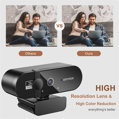 2K HD Web Camera with Microphone Ring Light Autofocus Pro Computer Gaming Webcam