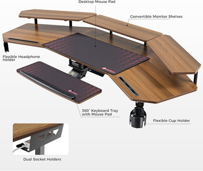 Standing Desk Adjustable Height, Computer Desk W Keyboard Tray 72" Gaming Music Studio Desk LED Monitor Stand,Dual Motor,Slot Design,Walnut