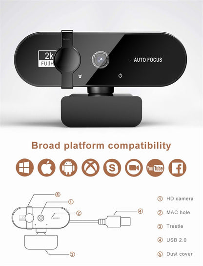 2K HD Web Camera with Microphone Ring Light Autofocus Pro Computer Gaming Webcam