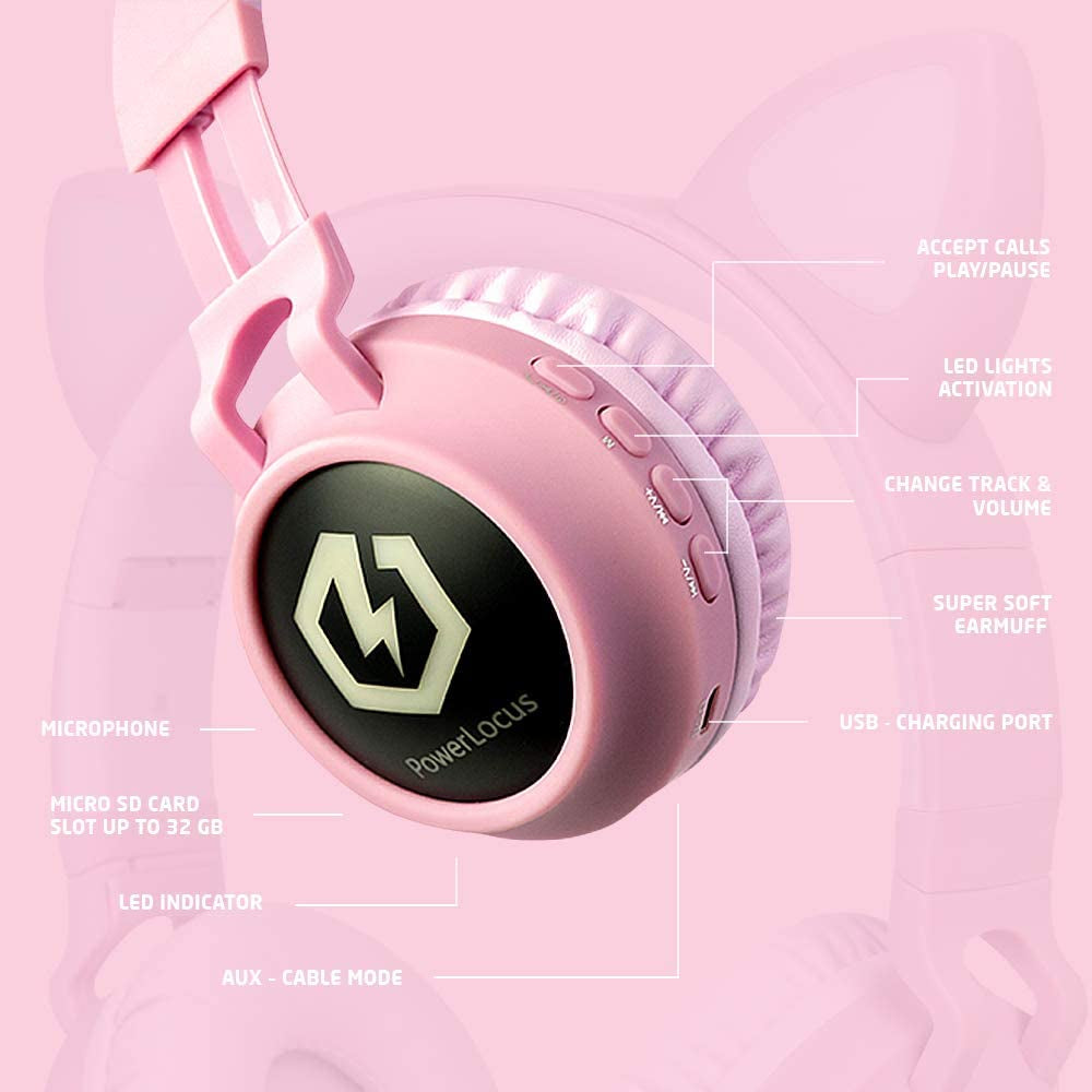 Kids Cat Ear Headphones, Bluetooth 5.3 Wireless, LED Lights, Safe Volume Limit, Micro SD/TF, for Ipad, Tablet, Travel (Pink)
