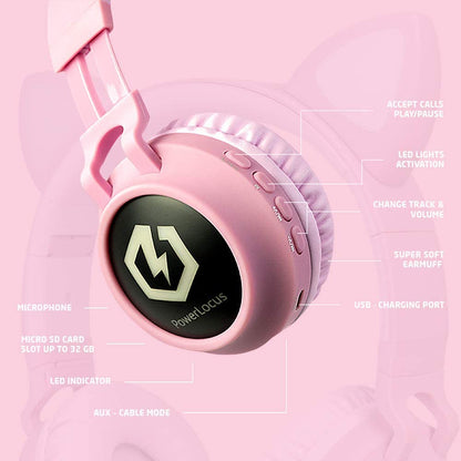 Kids Cat Ear Headphones, Bluetooth 5.3 Wireless, LED Lights, Safe Volume Limit, Micro SD/TF, for Ipad, Tablet, Travel (Pink)