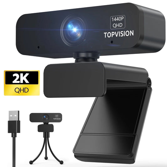 2K Webcam with Tripod Stand, Black, New
