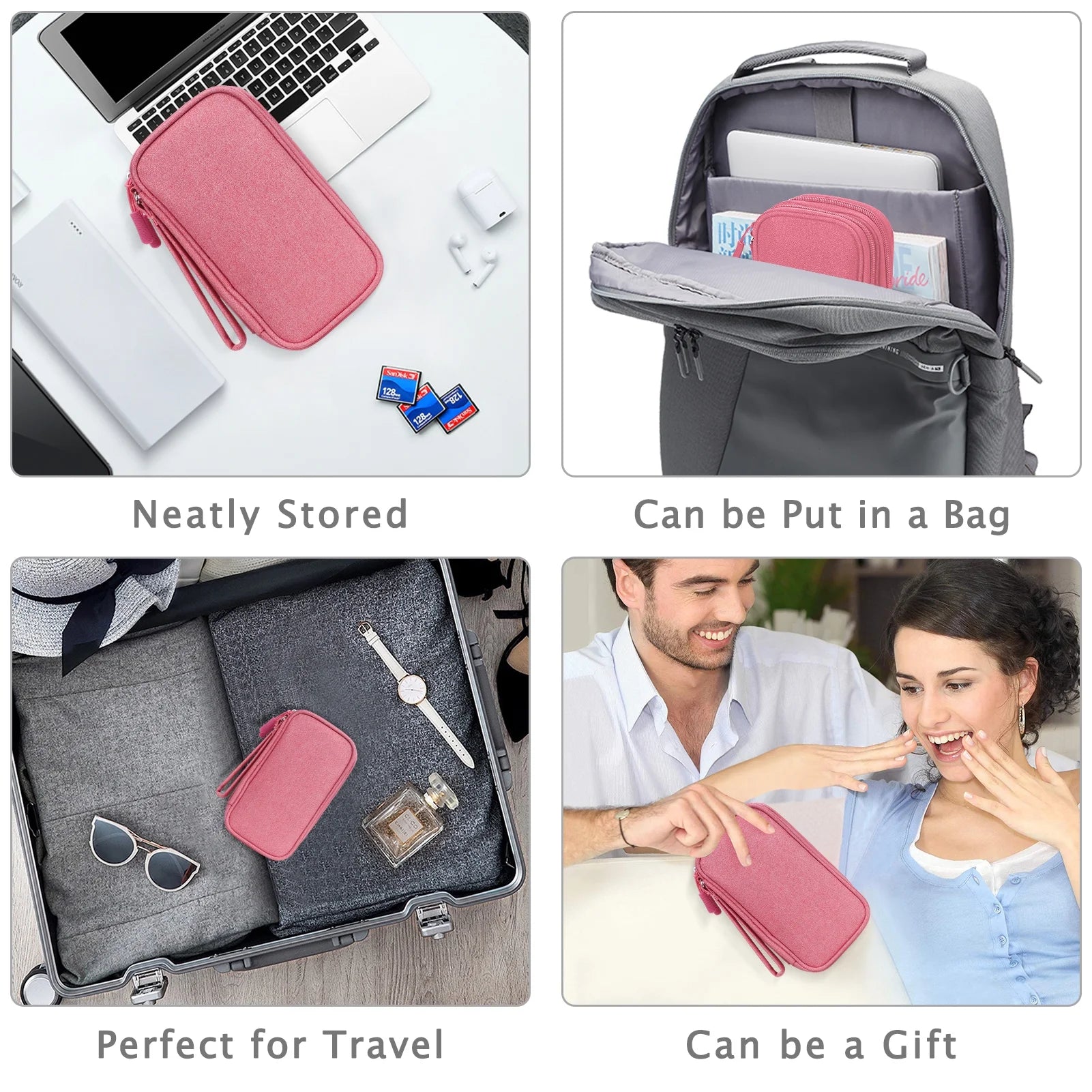 Cable Organizer Pouch, Electronic Organizer Travel Case Portable Waterproof Double Layers All-In-One Storage Bag for Cord, Charger, Phone, Earphone-Pink