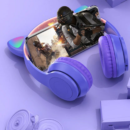 Kids Headphones, Cat Ear Wireless Headphones, LED Light up Bluetooth over on Ear Purple Headphones for Toddler Boy Girl Teen Children with Microphone,Purple