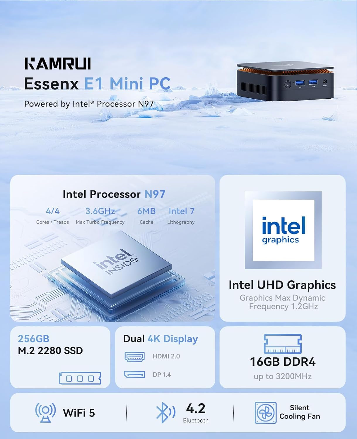 Mini PC Computer, Intel Processor N97 (Up to 3.6 Ghz), 16GB DDR4 RAM 256GB M.2 SSD, Mini Desktop Computer Support Dual 4K, Wifi, Bluetooth, Ethernet, HTPC for Business, Education, Home