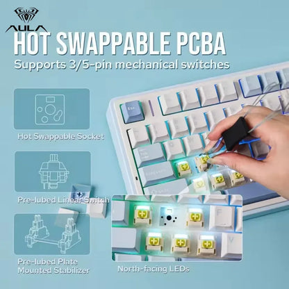 Gaming Mechanical Keyboard AULA F75 2.4G Wireless/Bluetooth/Wired RGB Customized 75% Layout Gasket Structure Gaming Accessories