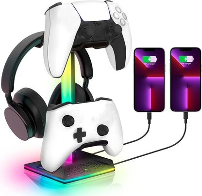 RGB Gaming Headphones Stand,  1 Pack Controller Stand USB Ports Headset Stand with 10 Light Modes and Non-Slip Rubber, Suitable for All Earphone Accessories, Gift for Husband, Kids, Boyfriend
