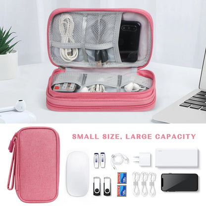Cable Organizer Pouch, Electronic Organizer Travel Case Portable Waterproof Double Layers All-In-One Storage Bag for Cord, Charger, Phone, Earphone-Pink