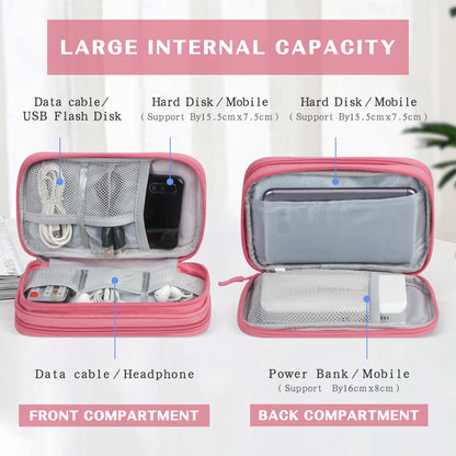Cable Organizer Pouch, Electronic Organizer Travel Case Portable Waterproof Double Layers All-In-One Storage Bag for Cord, Charger, Phone, Earphone-Pink