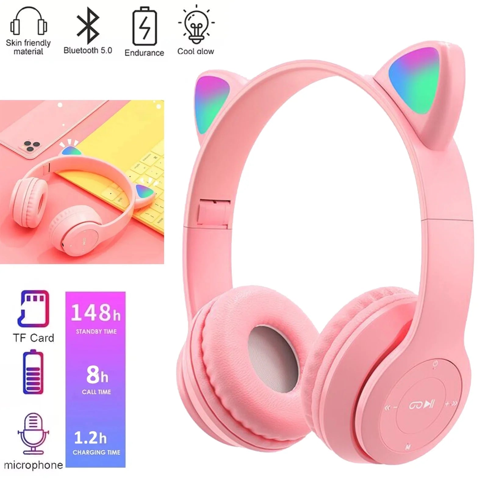 Kids Headphones, Cat Ear Wireless Headphones, LED Light up Bluetooth over on Ear Purple Headphones for Toddler Boy Girl Teen Children with Microphone,Pink