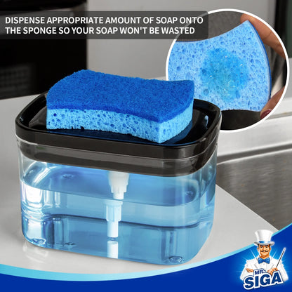 2 in 1 Premium Dish Soap Dispenser and Sponge Holder for Kitchen, Dishwashing Soap Pump Dispenser for Kitchen Countertop, Black