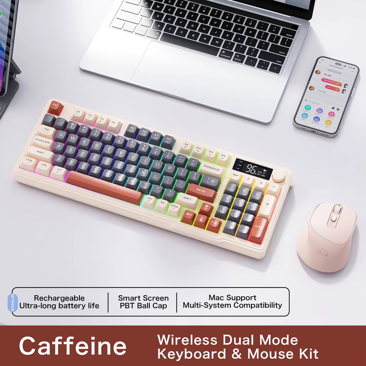 M96 Wireless Keyboard with Screen,Gaming Keyboard Bluetooth Dual-Mode Connection,Multi-Device Linking,Ergonomic
